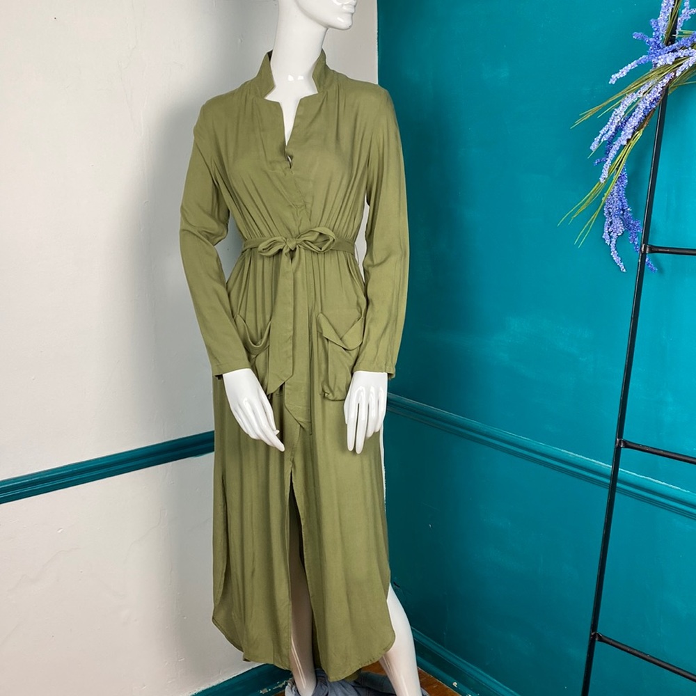 Olive Faux Wrap Maxi Dress Tie Waist Pockets Shirt Tail Hem Side Slits